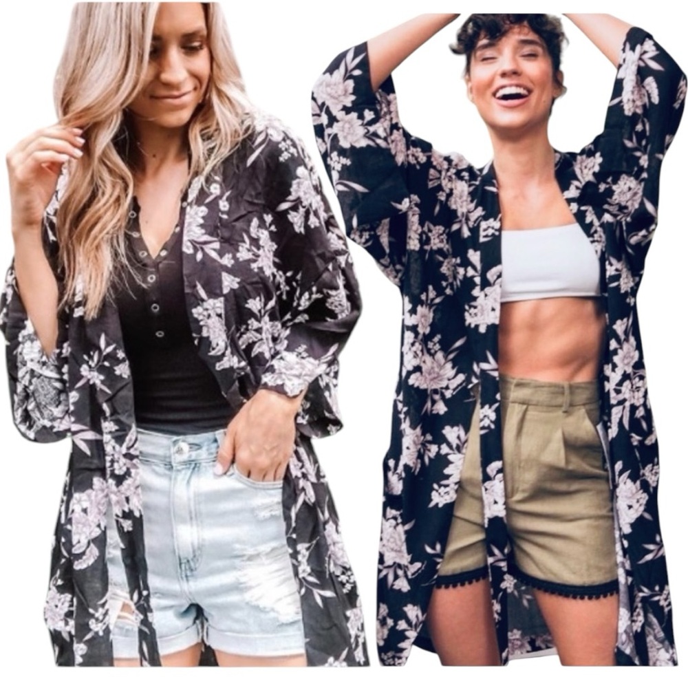 Spiritual Gangster Kimono Maya Floral CoverUp Robe Black Pockets Ties One Size